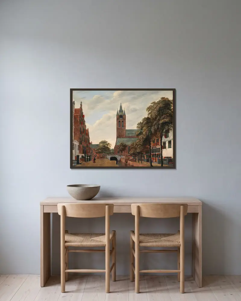 Vy över Oude Delft-kanalen, Delft av Jan van der Heyden inramad på en vägg