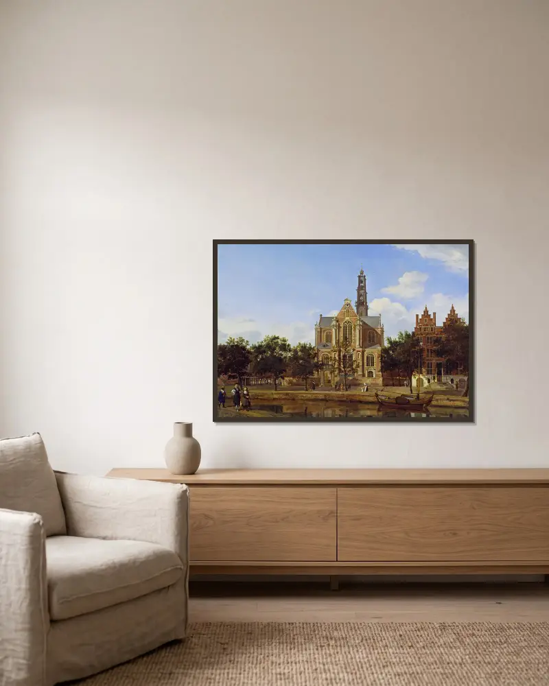 Vy över Westerkerk, Amsterdam av Jan van der Heyden inramad på en vägg