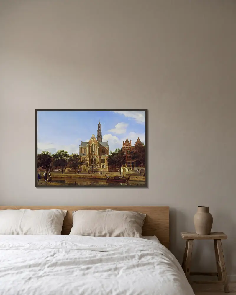 Vy över Westerkerk, Amsterdam av Jan van der Heyden inramad på en vägg