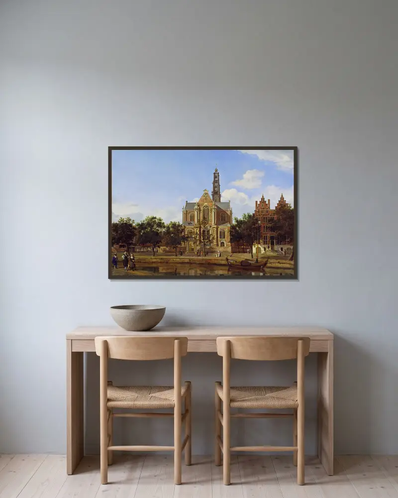 Vy över Westerkerk, Amsterdam av Jan van der Heyden inramad på en vägg