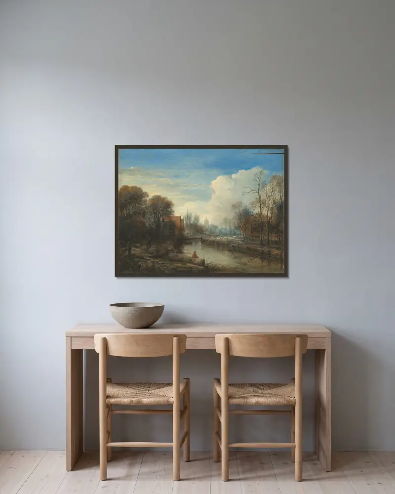 A river landscape, with an angler and sheep on the banks av Aert van der Neer inramad på en vägg
