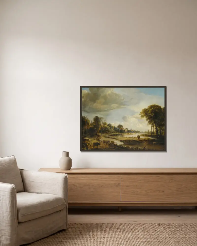 A River Landscape With Figures And Cattle av Aert van der Neer inramad på en vägg