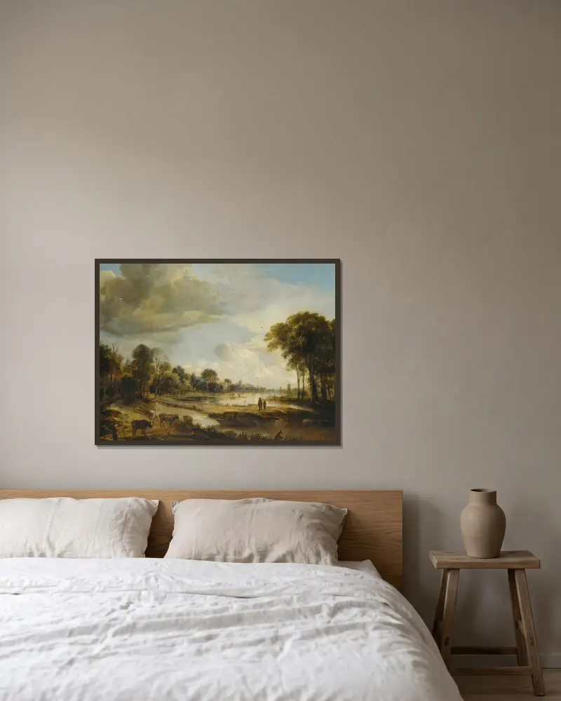 A River Landscape With Figures And Cattle av Aert van der Neer inramad på en vägg