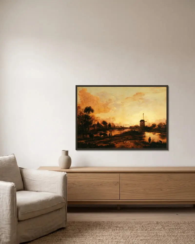 Coucher de soleil sur l’Yssel av Aert van der Neer inramad på en vägg