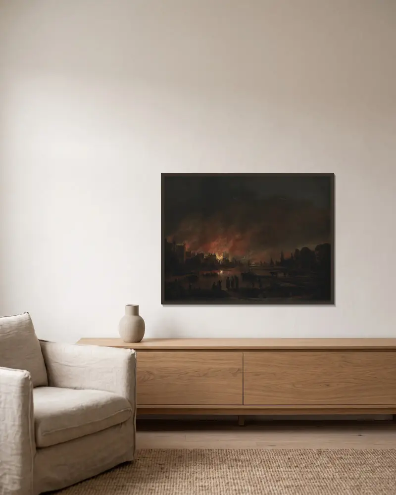 Fire at a Village by Night av Aert van der Neer inramad på en vägg