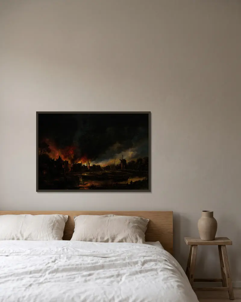 Feuer in einem Dorf bei Nacht von Aert van der Neer gerahmt an einer Wand