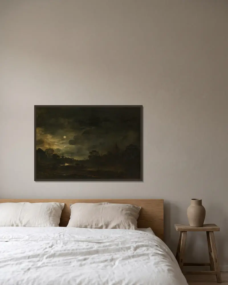 Landschaft im Mondschein, 1640 – Nr. 1 von Aert van der Neer gerahmt an einer Wand