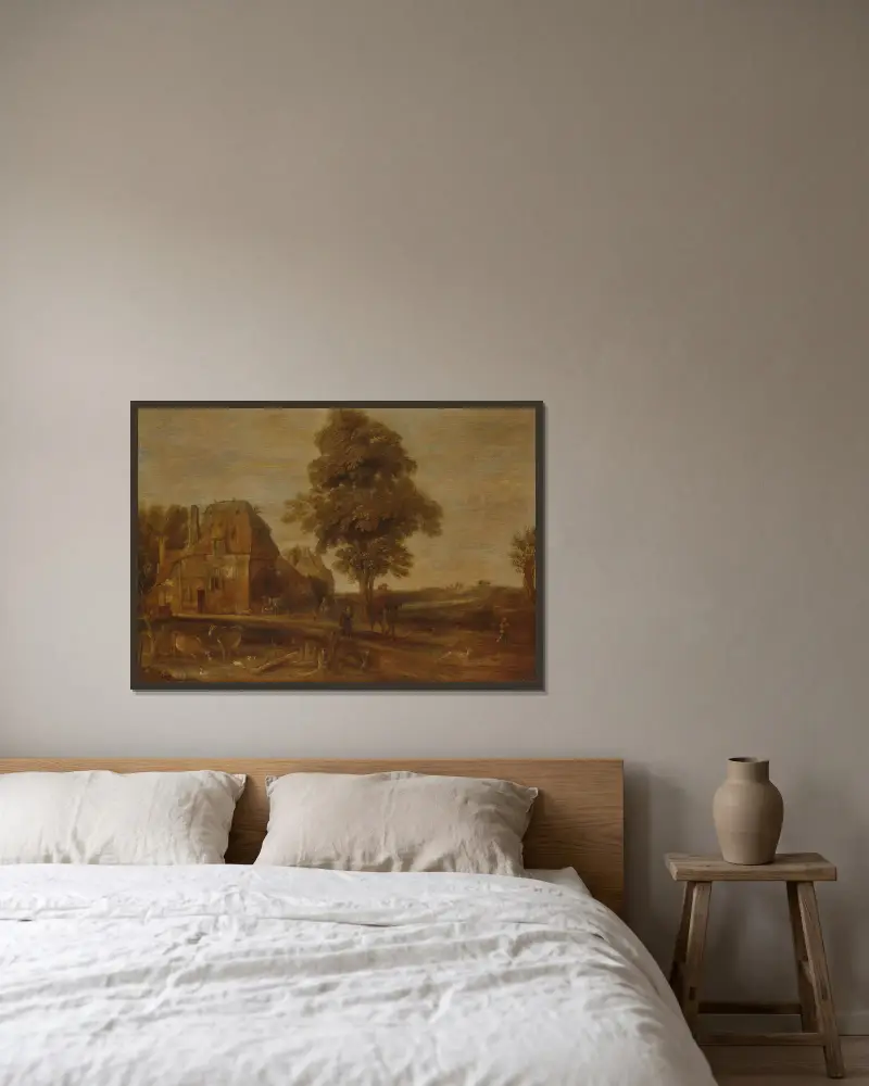 Landschaft mit Wirtshaus von Aert van der Neer gerahmt an einer Wand