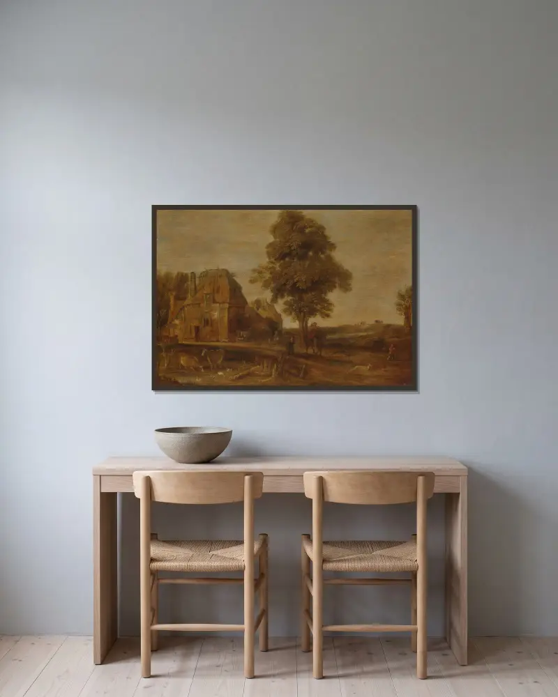 Landschaft mit Wirtshaus von Aert van der Neer gerahmt an einer Wand