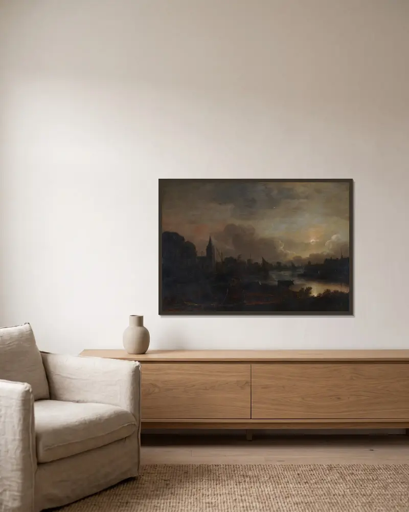 Moonlight Landscape av Aert van der Neer inramad på en vägg