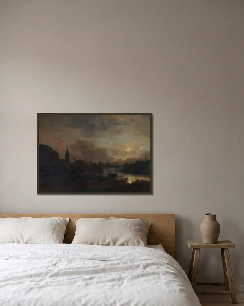 Moonlight Landscape av Aert van der Neer inramad på en vägg