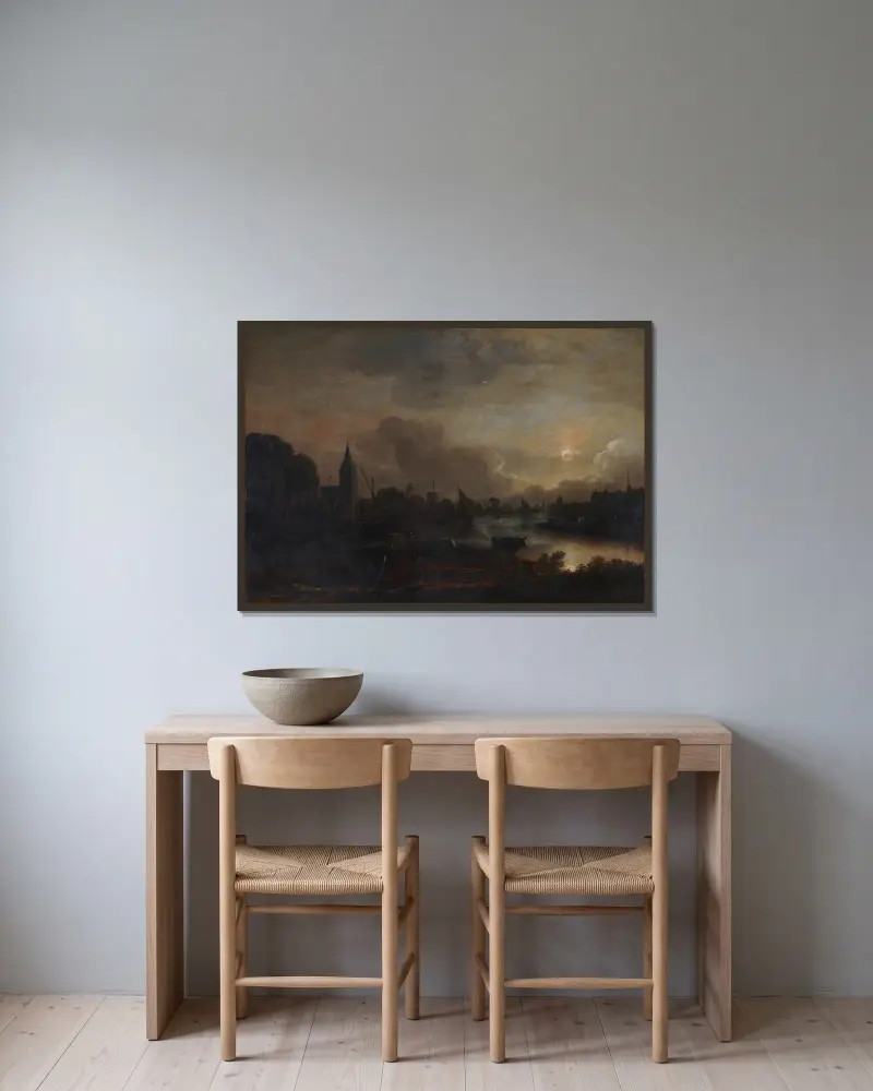 Moonlight Landscape av Aert van der Neer inramad på en vägg
