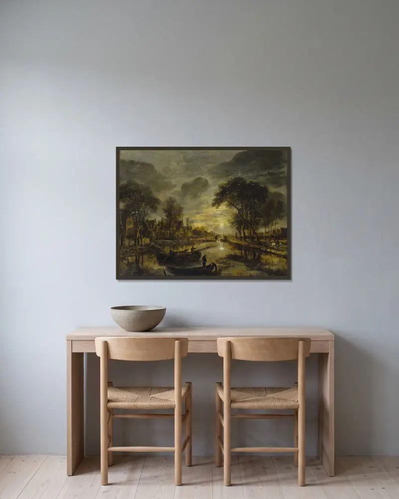 Nattligt kanallandskap med fiskebåtar av Aert van der Neer inramad på en vägg