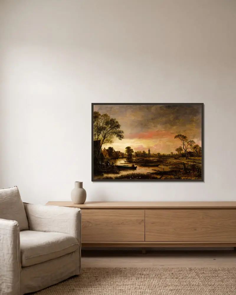 River Landscape av Aert van der Neer inramad på en vägg