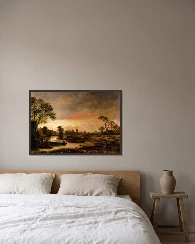 River Landscape av Aert van der Neer inramad på en vägg