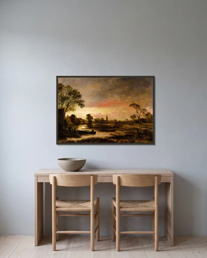 River Landscape av Aert van der Neer inramad på en vägg