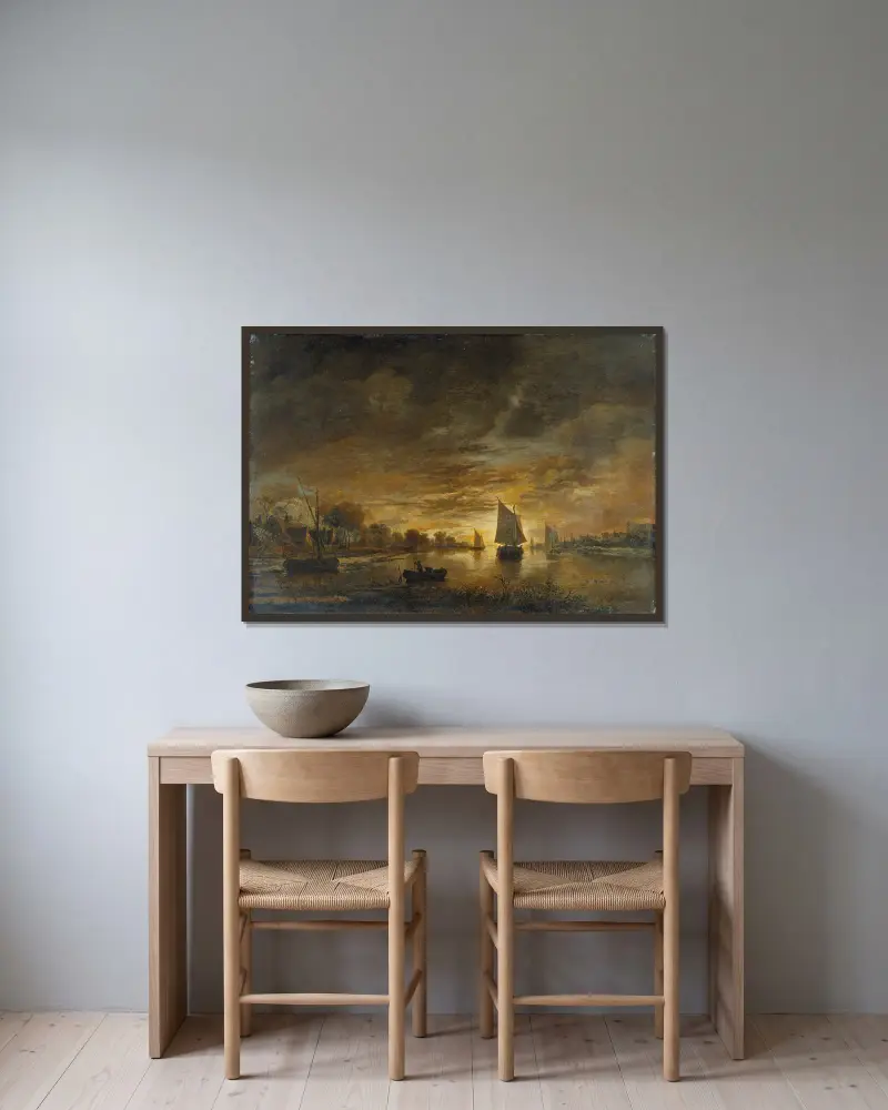 Flodlandskap med fartyg vid månuppgång av Aert van der Neer inramad på en vägg