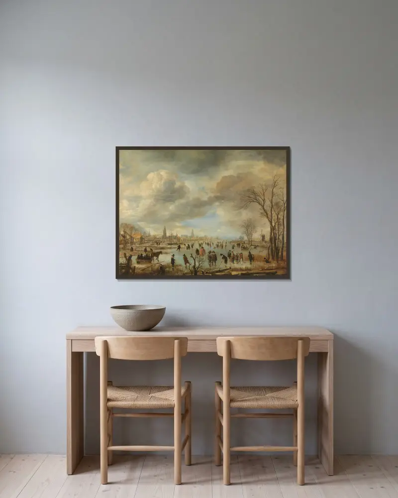 Vinterlandskap nära en stad med kolfspelare och hästslädar av Aert van der Neer inramad på en vägg