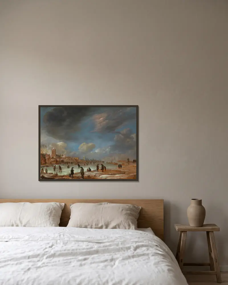 Winterlandschaft bei einer Stadt mit Kolfspielern von Aert van der Neer gerahmt an einer Wand