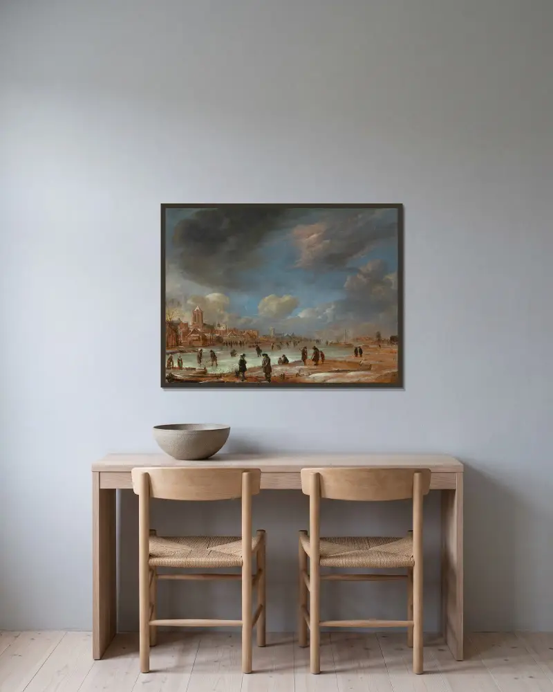 Winterlandschaft bei einer Stadt mit Kolfspielern von Aert van der Neer gerahmt an einer Wand