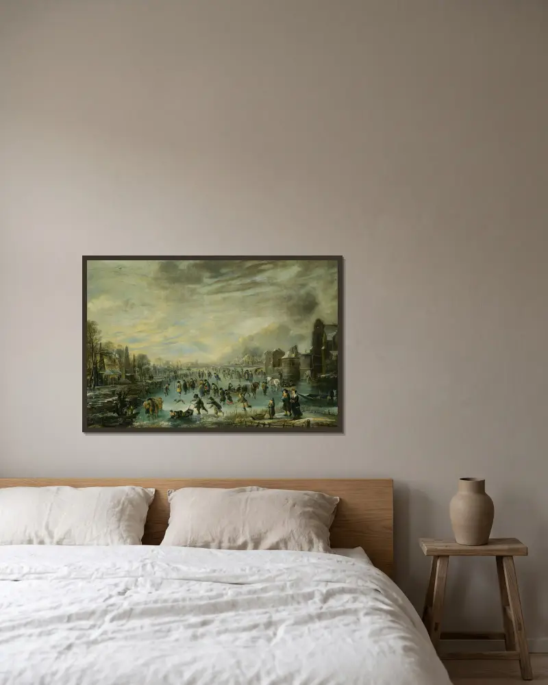 Winterlandschaft mit Schlittschuhläufern von Aert van der Neer gerahmt an einer Wand
