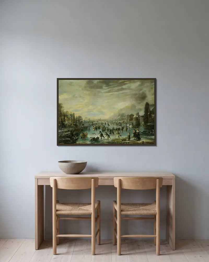 Winterlandschaft mit Schlittschuhläufern von Aert van der Neer gerahmt an einer Wand