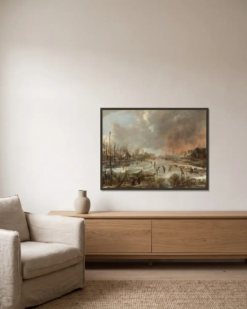 Winterlandschaft mit Sportsleuten auf einem zugefrorenen Fluss von Aert van der Neer gerahmt an einer Wand
