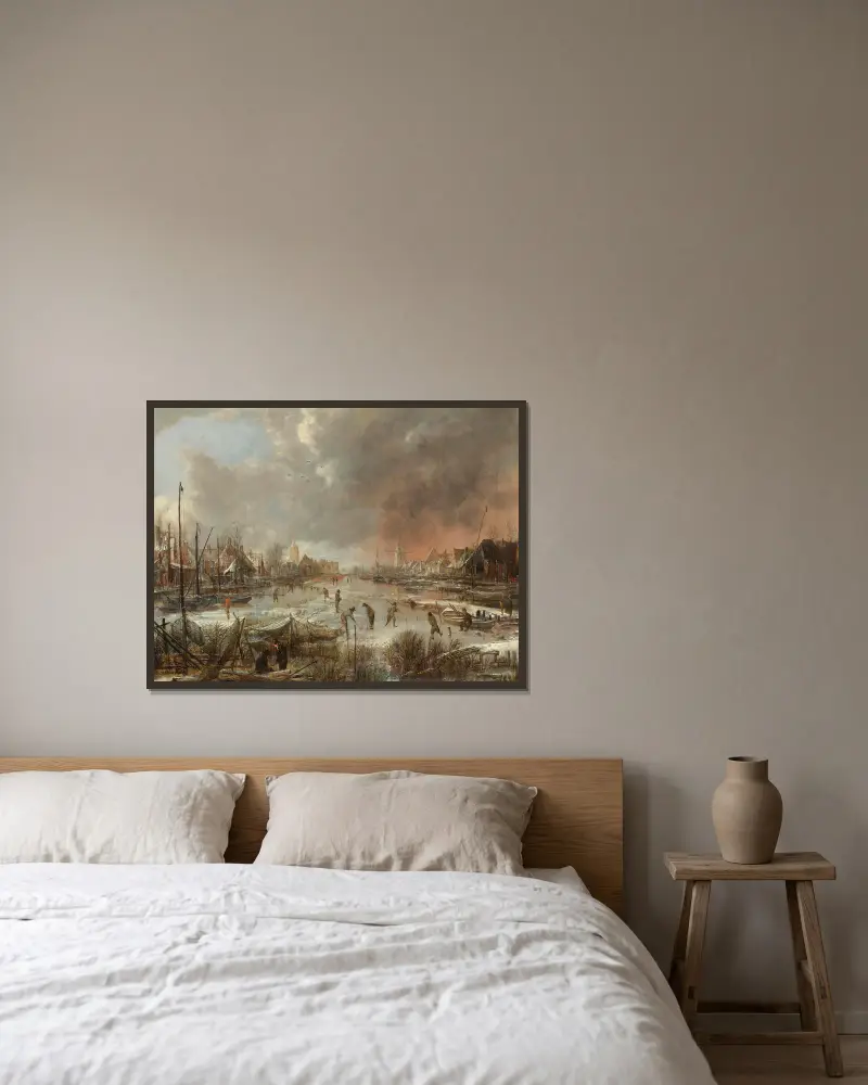 Winterlandschaft mit Sportsleuten auf einem zugefrorenen Fluss von Aert van der Neer gerahmt an einer Wand