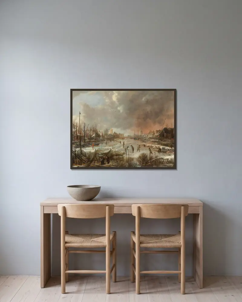 Winterlandschaft mit Sportsleuten auf einem zugefrorenen Fluss von Aert van der Neer gerahmt an einer Wand