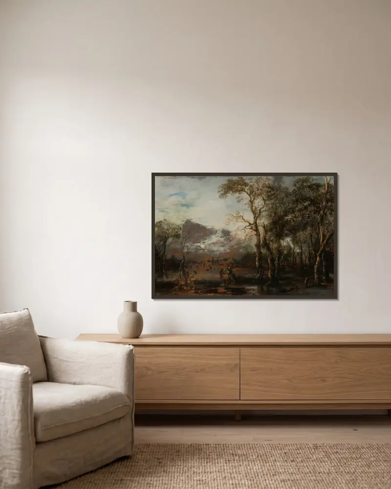 Wooded Landscape with Hunter av Aert van der Neer inramad på en vägg