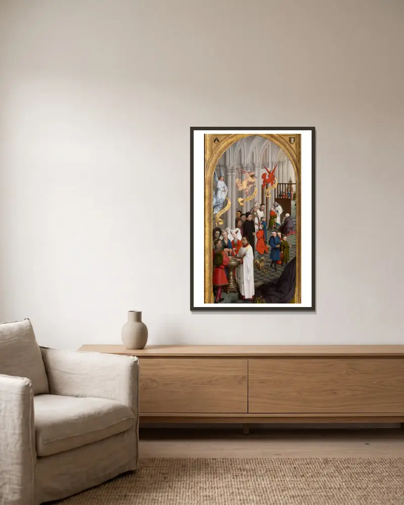 Baptism, Confirmation and Confession av Rogier van der Weyden inramad på en vägg