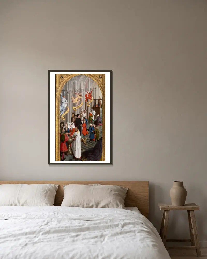 Baptism, Confirmation and Confession av Rogier van der Weyden inramad på en vägg