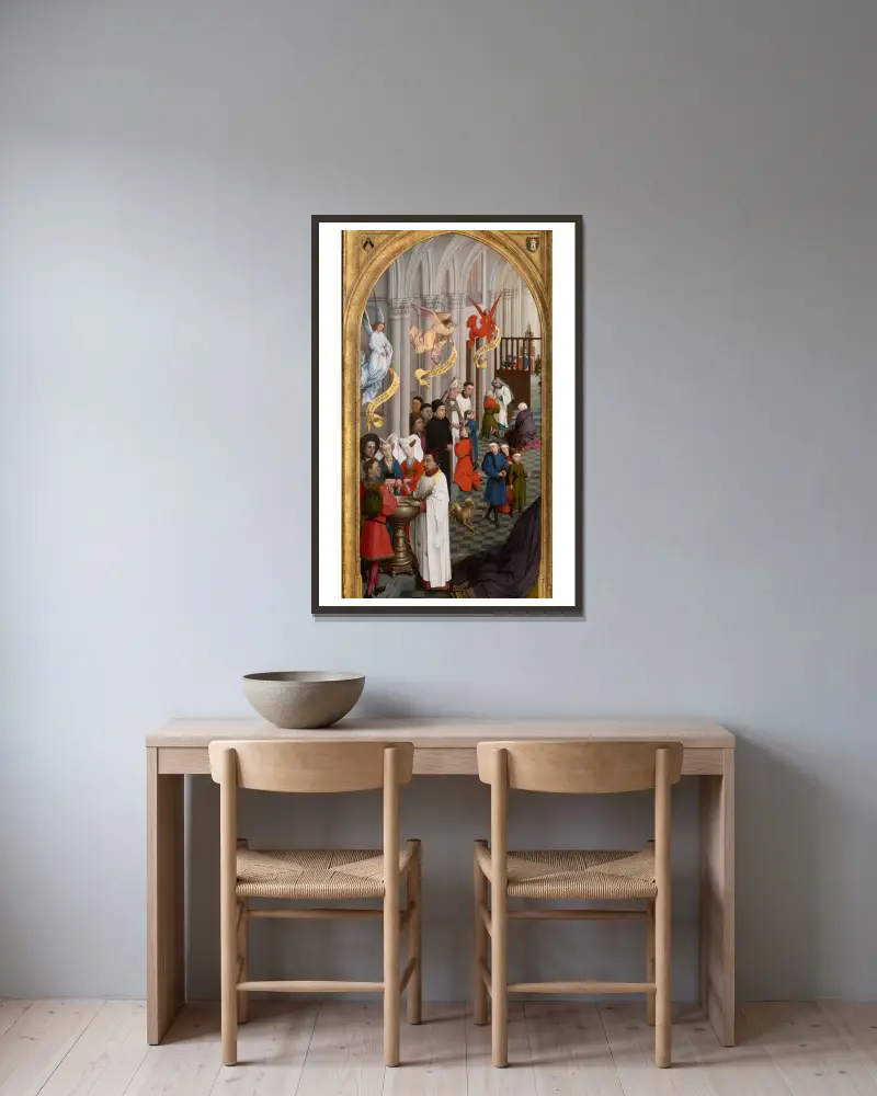 Baptism, Confirmation and Confession av Rogier van der Weyden inramad på en vägg