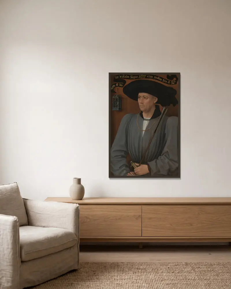 Porträtt av en turneringsdomare av Rogier van der Weyden inramad på en vägg