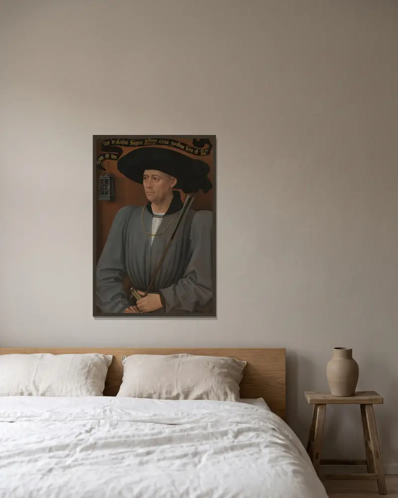 Porträtt av en turneringsdomare av Rogier van der Weyden inramad på en vägg