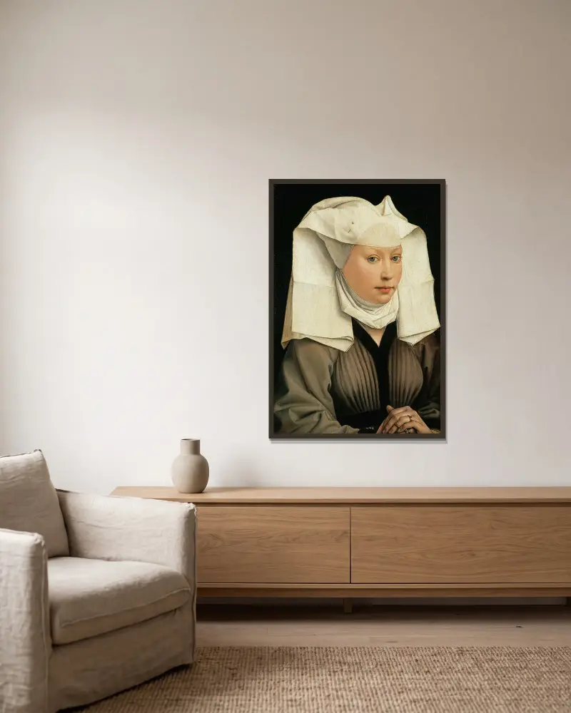 Porträtt av en kvinna av Rogier van der Weyden inramad på en vägg