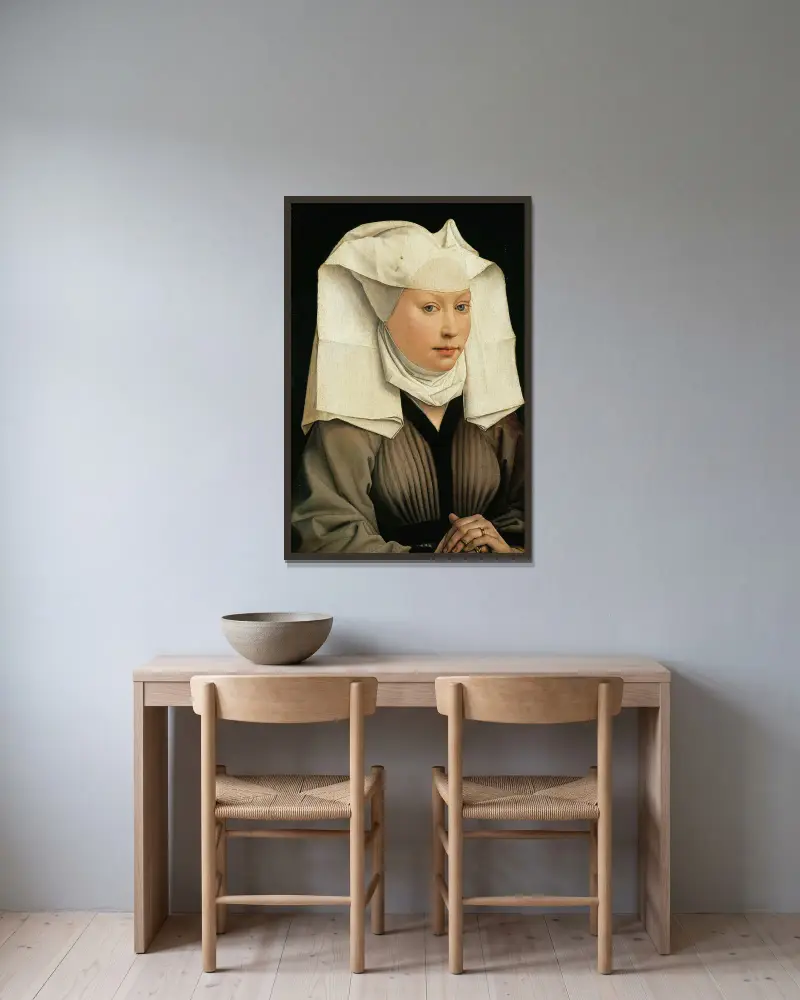 Porträtt av en kvinna av Rogier van der Weyden inramad på en vägg