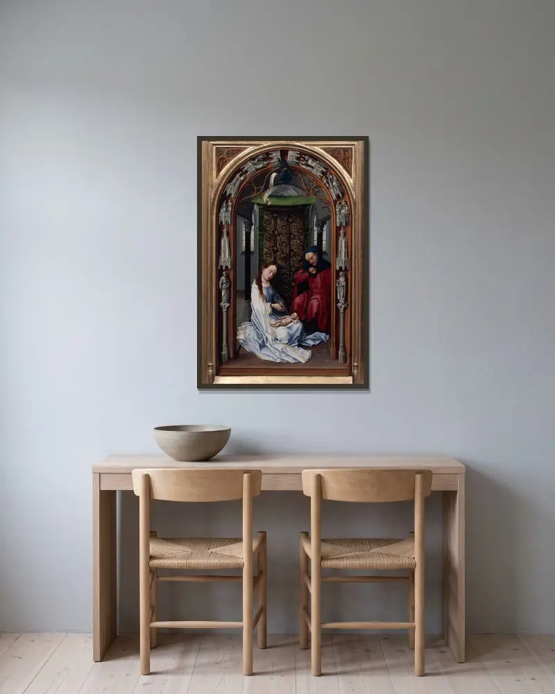 Vår Fru-altaret (Mirafloresaltaret), 1440 – nr 3 av Rogier van der Weyden inramad på en vägg