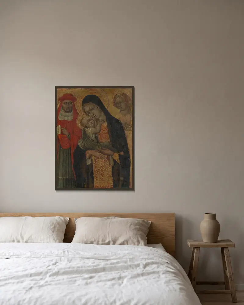 Madonnan med barnet och helgonen Hieronymus och Agnes av Giovanni di Paolo inramad på en vägg