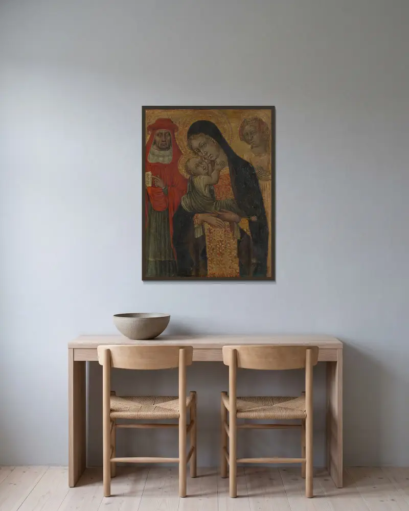Madonnan med barnet och helgonen Hieronymus och Agnes av Giovanni di Paolo inramad på en vägg