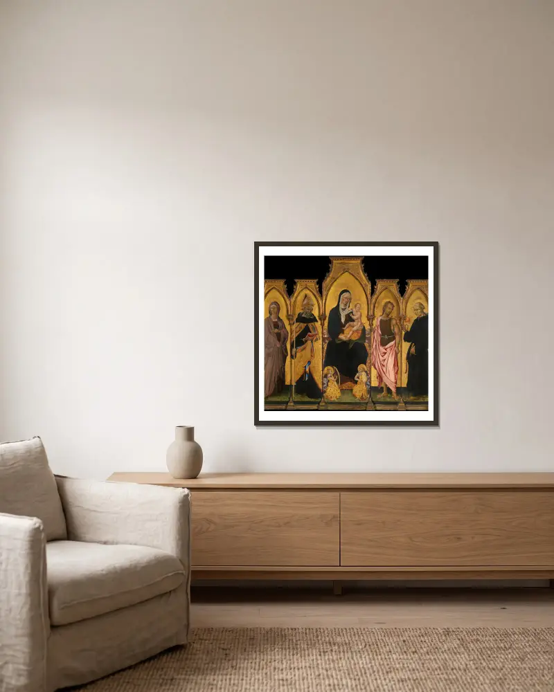 Madonnan med barnet och helgon av Giovanni di Paolo inramad på en vägg
