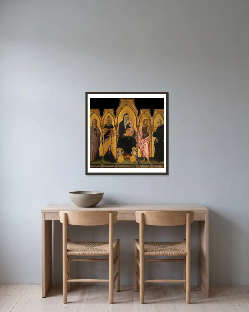 Madonnan med barnet och helgon av Giovanni di Paolo inramad på en vägg