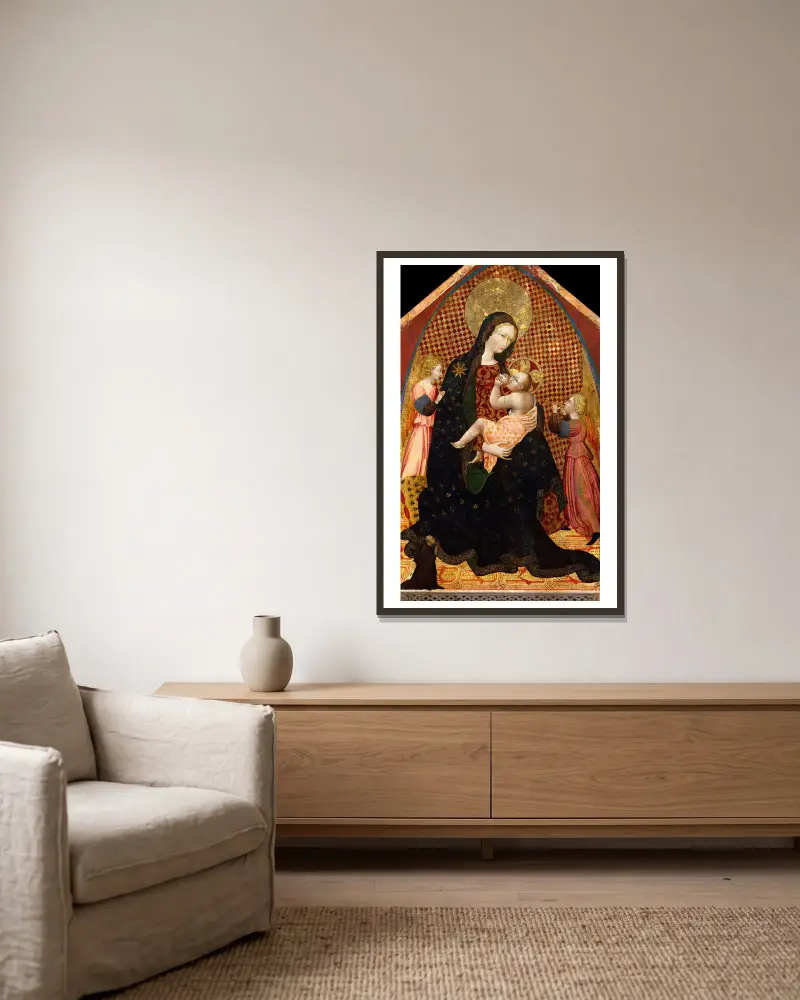 Madonnan med barnet, två änglar och en donator av Giovanni di Paolo inramad på en vägg
