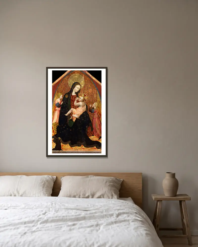 Madonnan med barnet, två änglar och en donator av Giovanni di Paolo inramad på en vägg