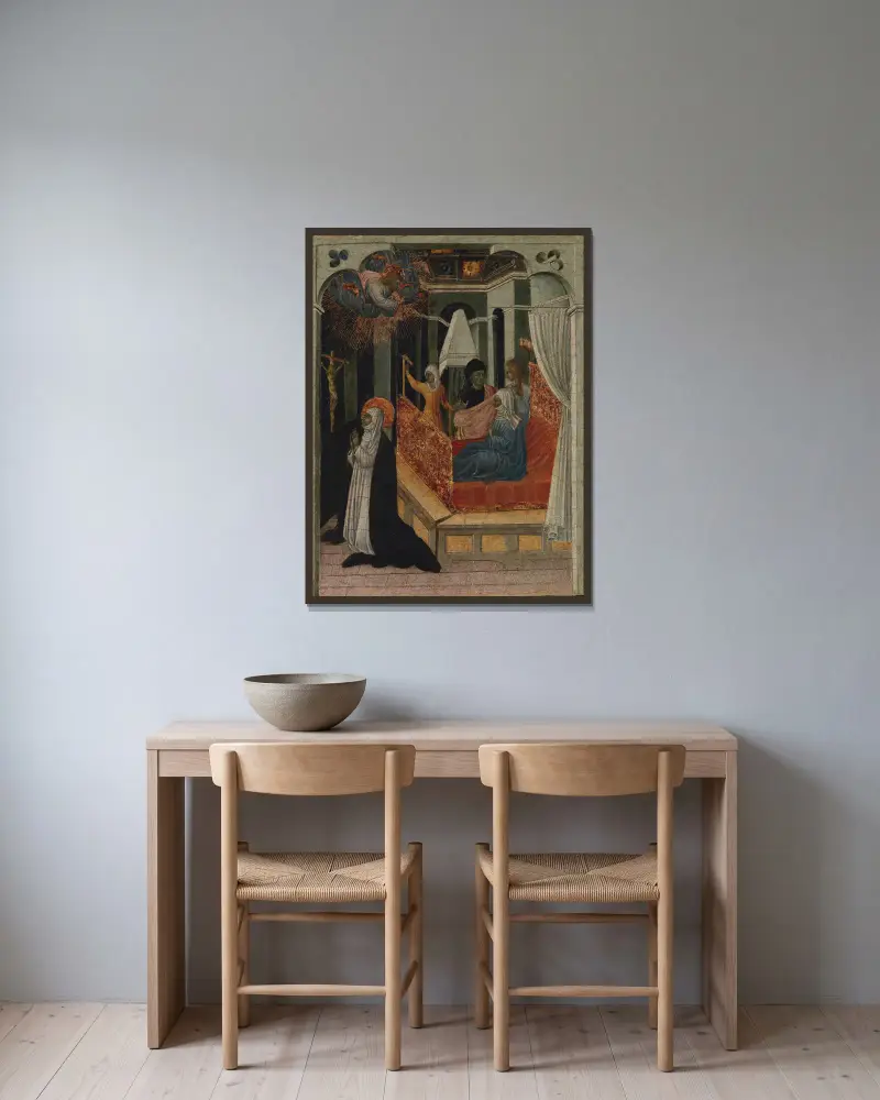 Katarina av Siena bönfaller Kristus om att uppväcka sin mor av Giovanni di Paolo inramad på en vägg