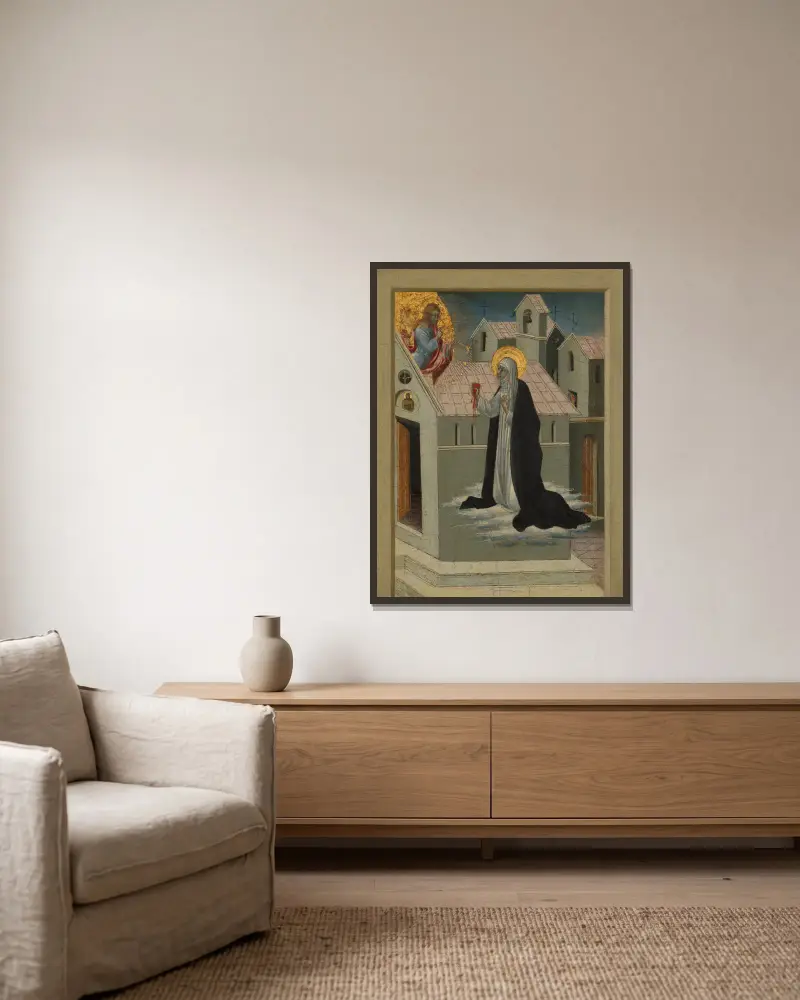 Katarina av Siena byter sitt hjärta med Kristus av Giovanni di Paolo inramad på en vägg