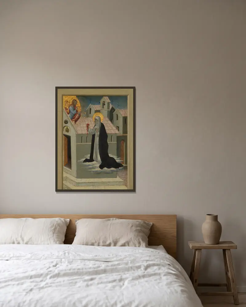 Katarina av Siena byter sitt hjärta med Kristus av Giovanni di Paolo inramad på en vägg