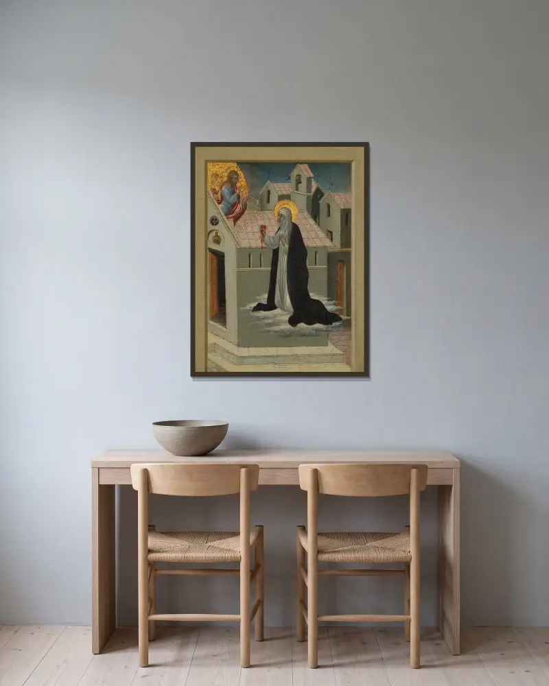 Katarina av Siena byter sitt hjärta med Kristus av Giovanni di Paolo inramad på en vägg
