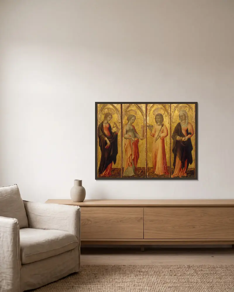 Helgonen Katarina av Alexandria, Barbara, Agata och Margareta av Giovanni di Paolo inramad på en vägg