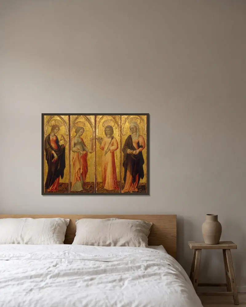 Helgonen Katarina av Alexandria, Barbara, Agata och Margareta av Giovanni di Paolo inramad på en vägg
